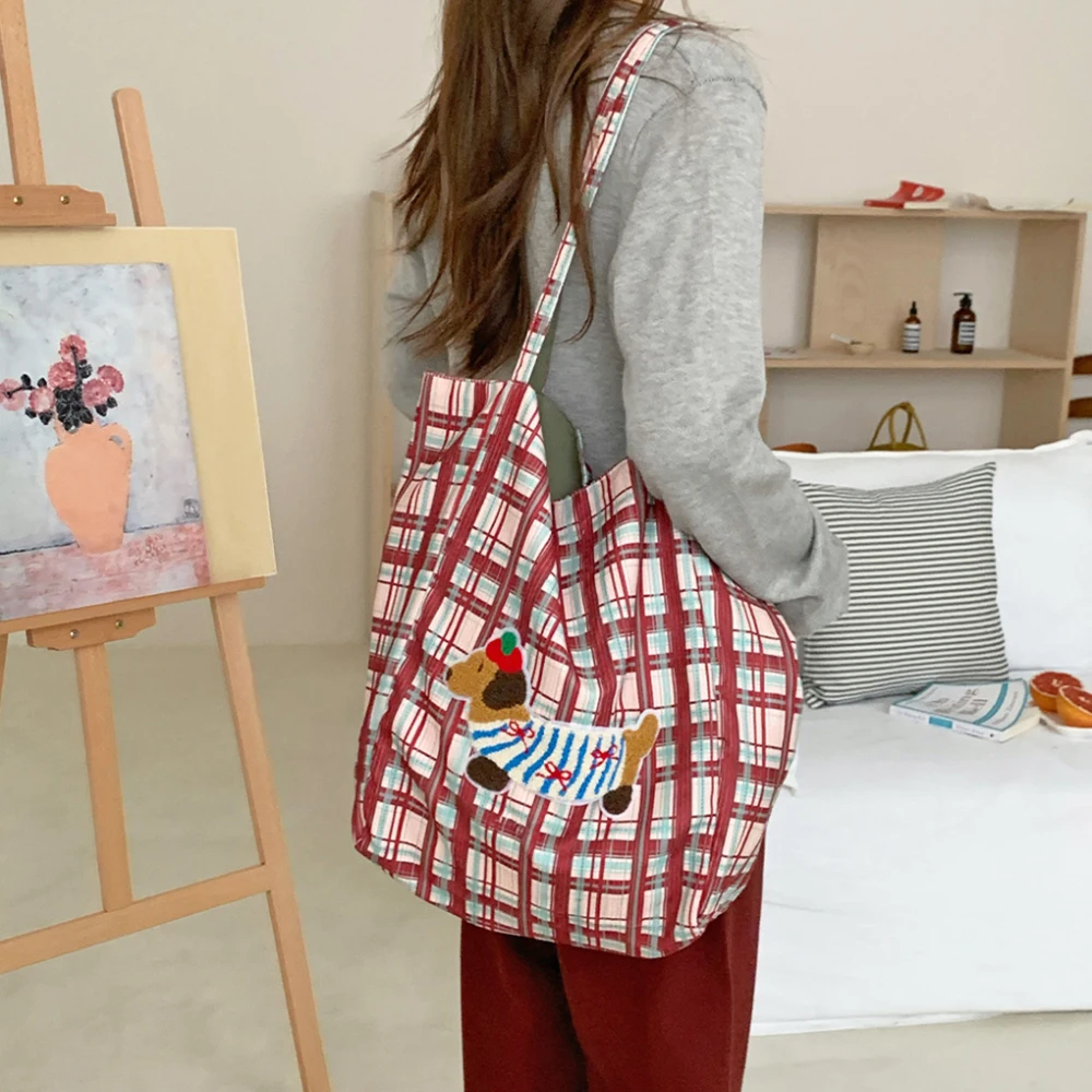 Bolso de hombro a cuadros Retro para mujer, bolsos de compras de gran capacidad, bolsos de pana femeninos casuales de doble cara