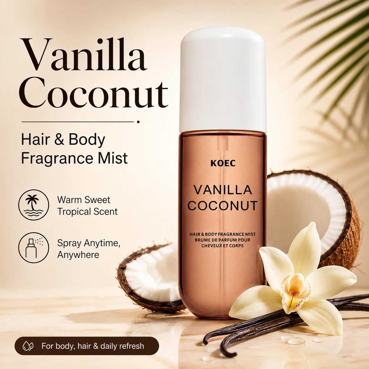 Perfume Fragrance Hair Spray - KOEC Vanille- en kokosparfum, verpakking met