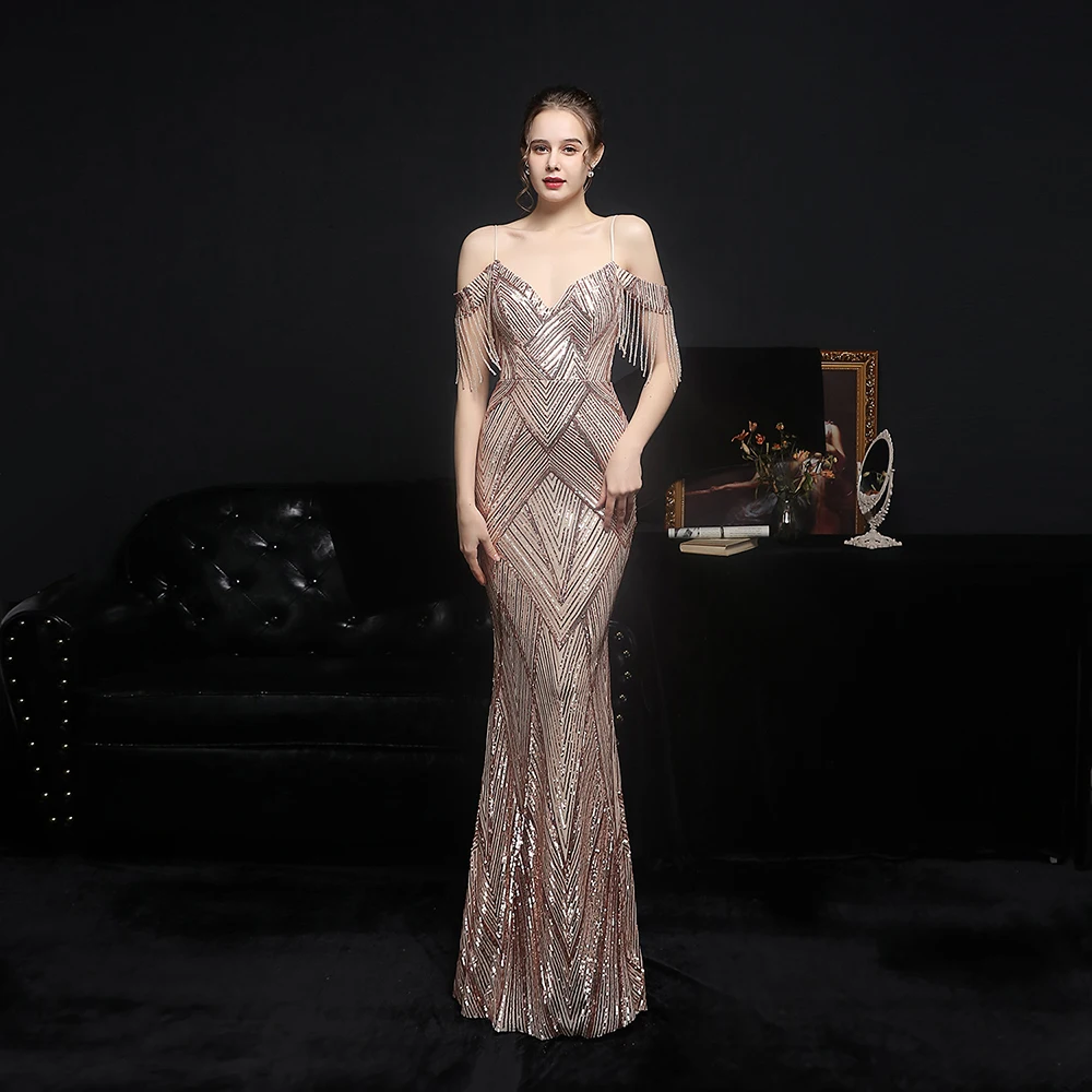 Women Elegant Off Shoulder Luxury Evening Dress Sexy  Sequin Mermaid Dress Spaghetti Straps Silver Beading Long Party Dress New