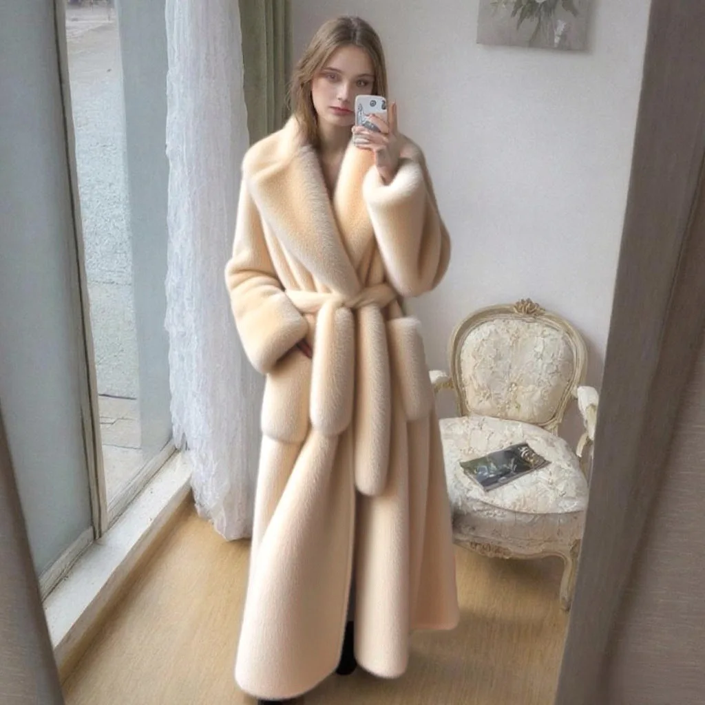 2025年冬 アメリカンスタイル レディースファッション レトロ フェイクファーコート エレガント 気品 ソーシャライト 厚手 プラッシュ レースアップ ロングジャケット