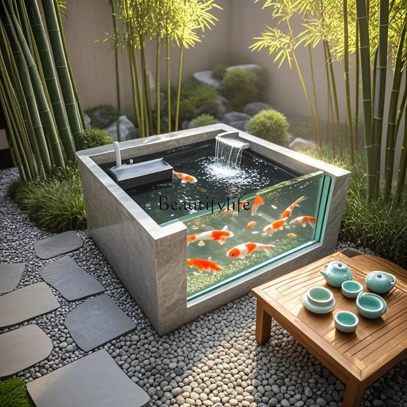 Fish Pond Rock Slab Floor Standing Koi Fish Tank Outdoor Square Turtle Tank Balcony Landscape Water Flow