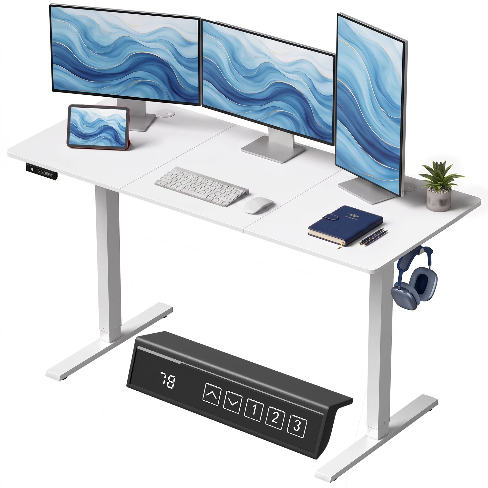 Scrivania elettrica con altezza regolabile, 140 x 60 cm, colore bianco.