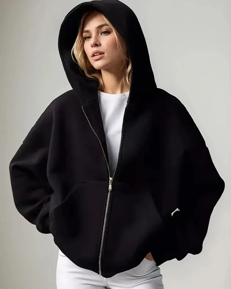 Women Oversized Zip Up Hoodie Solid Black Loose Full Zipper Hooded Sweatshirt Casual Pocket Streetwear Soft Thick Hooded Jacket
