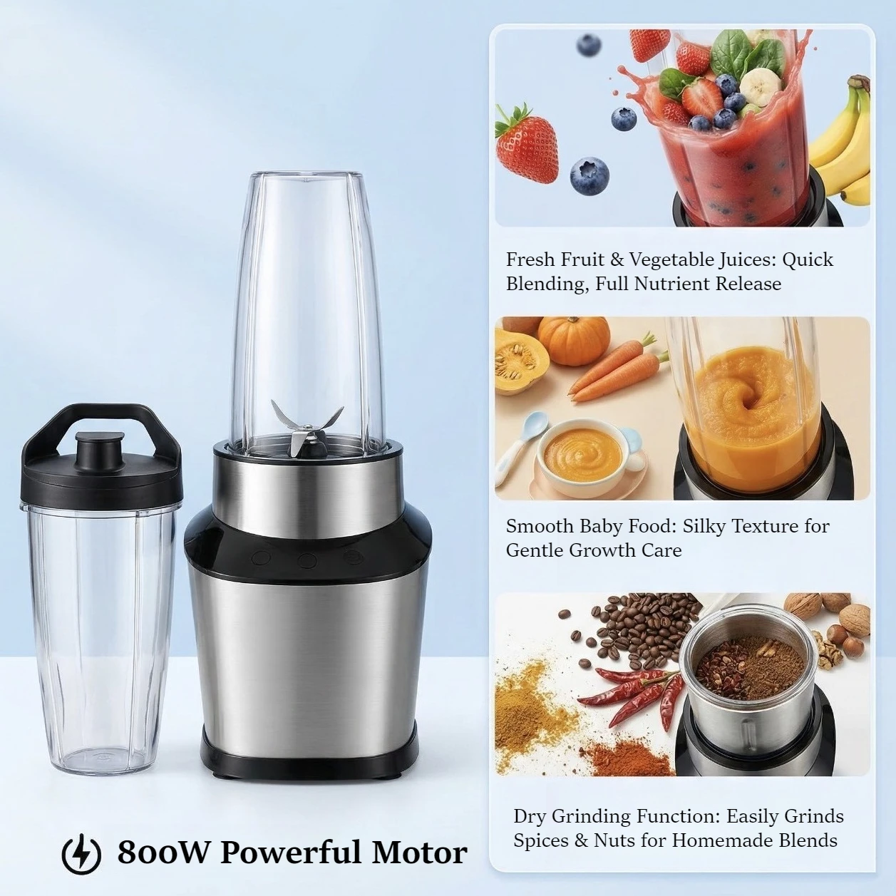 3-in-1 800W Blender & Juicer with 2 Cups, Personal Smoothie Maker for Shakes & Grinding