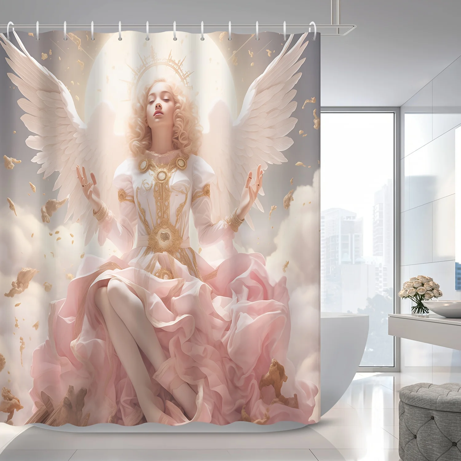 

Занавеска для душа Pink Angel Wings — моющийся полиэстер с крючками, верхняя часть люверса для декора ванной комнаты и стен