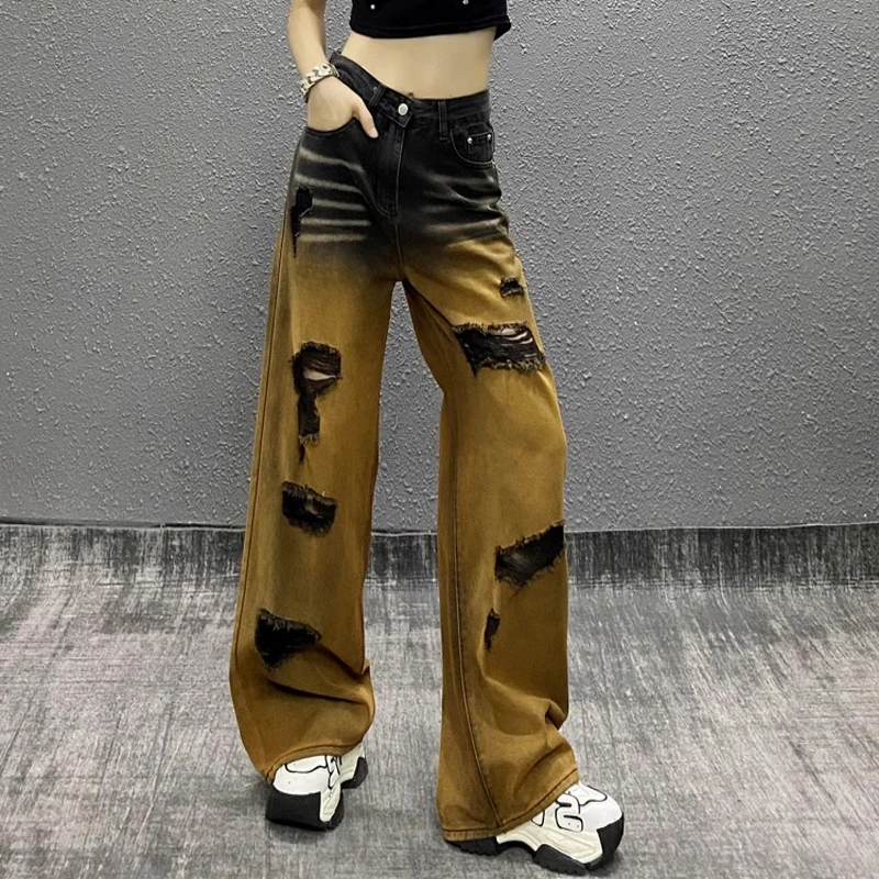 

Уличная одежда, женские джинсы с дырками градиентного цвета, винтажные свободные брюки с высокой талией Y2K, прямые джинсовые брюки в стиле ретро, хип-хоп, широкие брюки, новинка