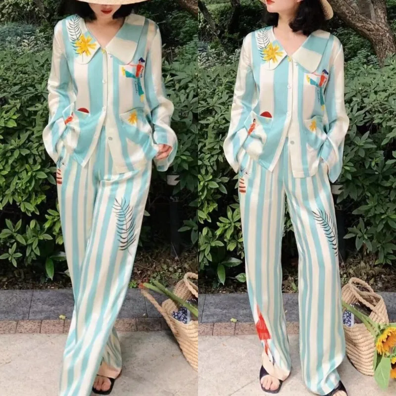 

New Autumn Winter Fresh Green Striped Contrast Color Creative Illustration Flower Girl Silk Satin Pajamas Stylish Loungewear