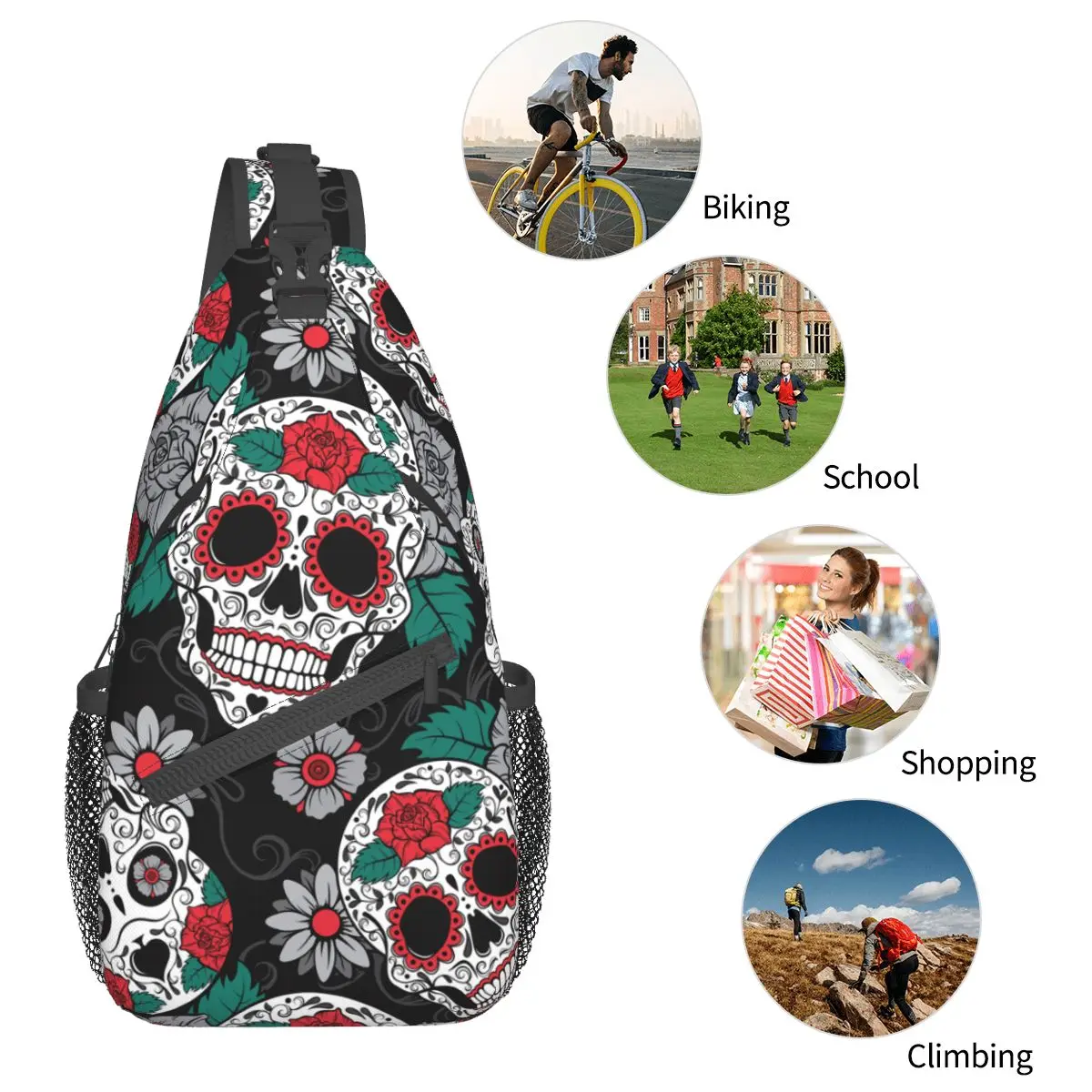 Sugar Skull Day Of The Dead Crossbody Sling Bag Chest Bag Gothic Mexican Halloween Shoulder Backpack Daypack Hiking Cycling Pack