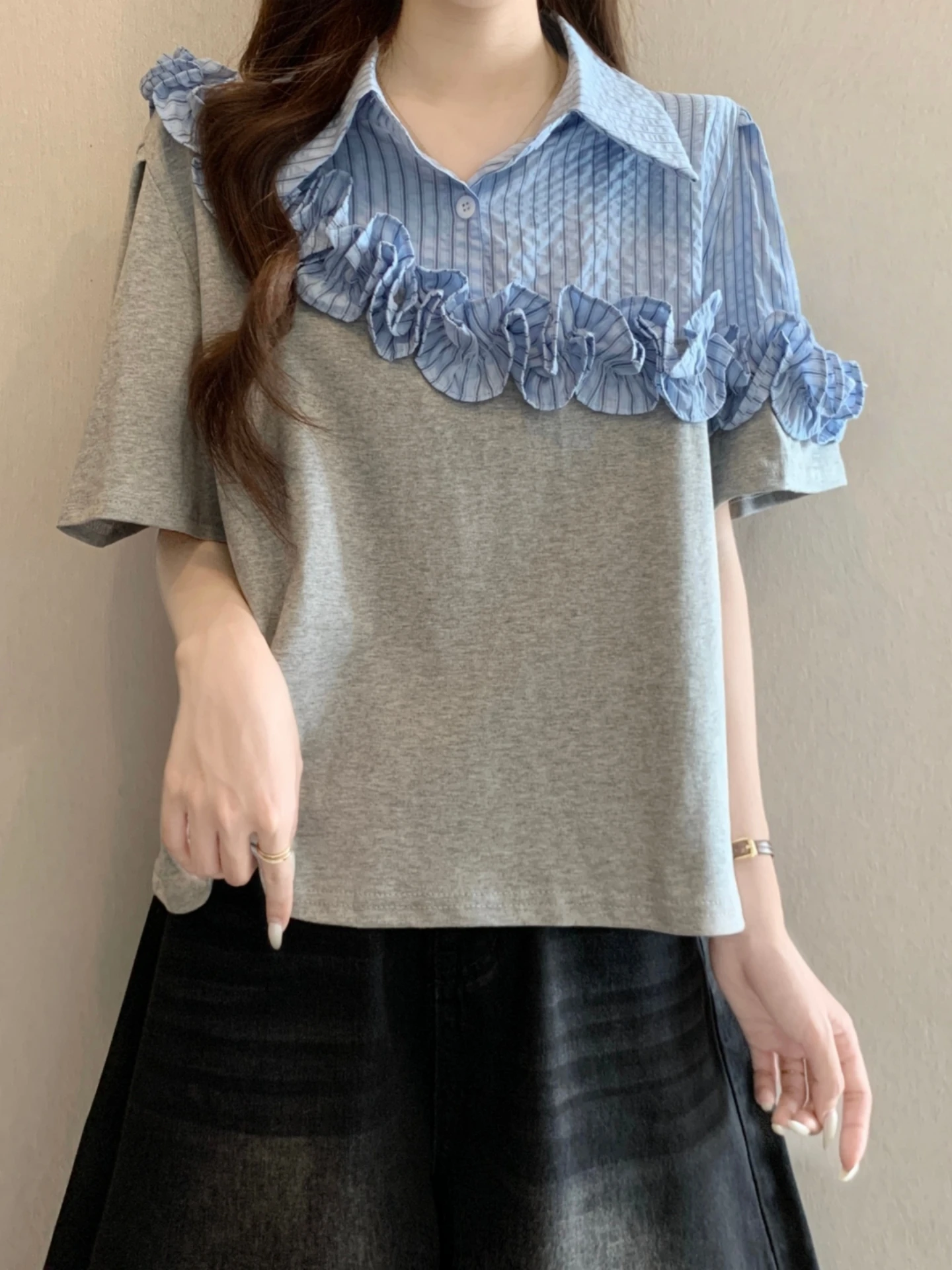 Slimming Flounce Short Sleeve T-Shirt Women Summer plus Size Patchwork Stripe Shirt Upper Body High Waist Commute Style