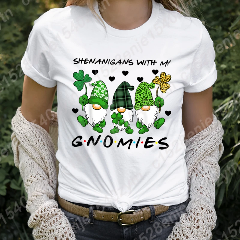 St Patrick's Day Shenanigans With My Gnomies Print T-shirts Women Summer Short Sleeve Round Neck Tees Creative Personalized Tops