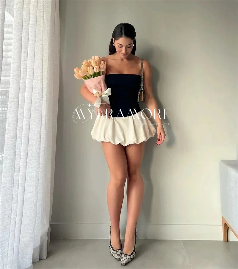 

Mini Short Formal Evening Dresses Strapless Black Velvet Ivory Satin Arabic Women Party Dresses Summer Cocktail Gown Customized
