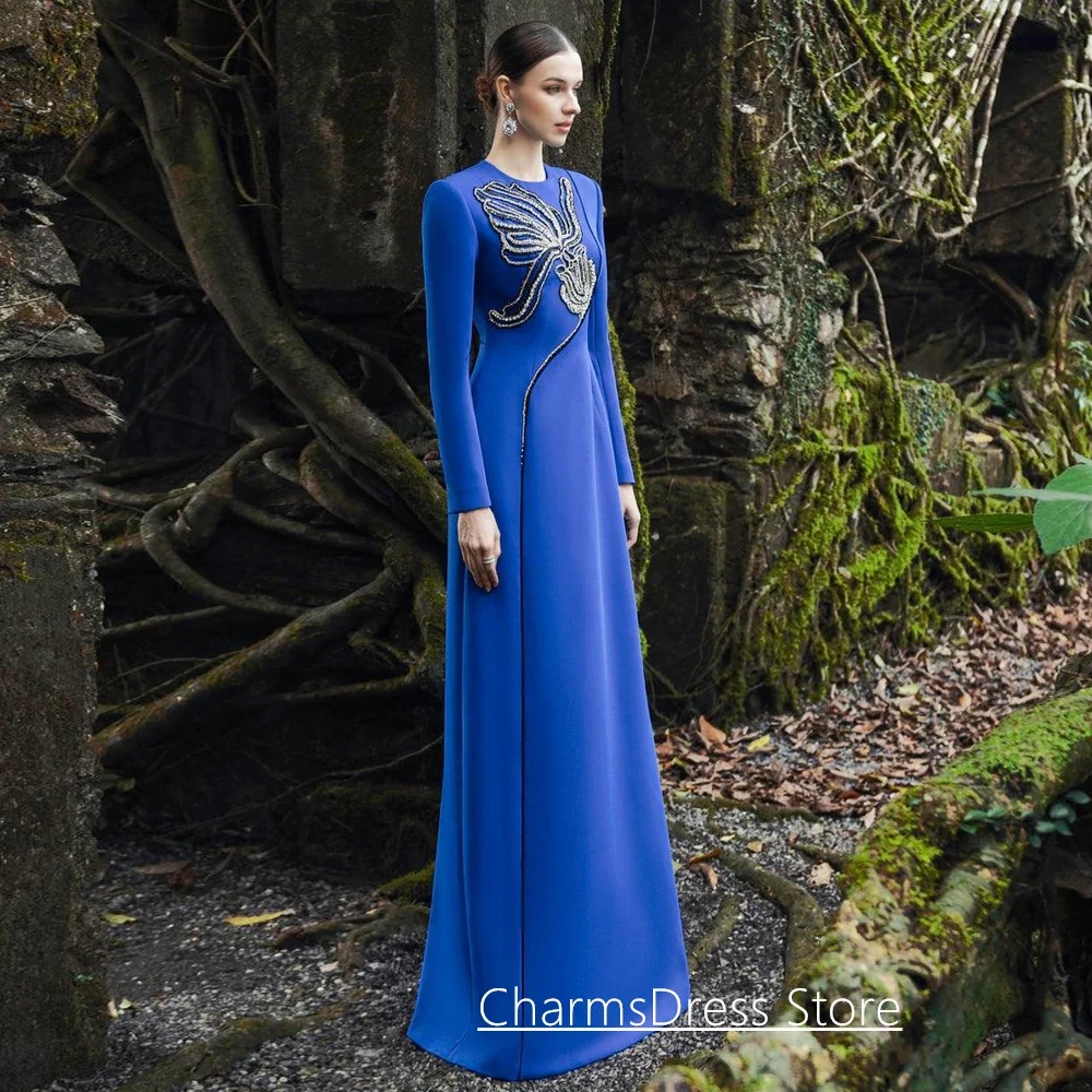 Nieuwe collectie koningsblauwe avondjurk op maat gemaakte lange mouwen ronde hals staaflijst een lijn Arabische feestjurk galajurken