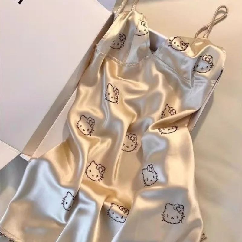 Pijama de Seda Helada Estilo Kawaii Sanrio Hello Kitty con Sujetador Acolchado, Ropa de Estar por Casa, Lindos Regalos y Juguetes de Anime y Dibujos Animados para Fiestas