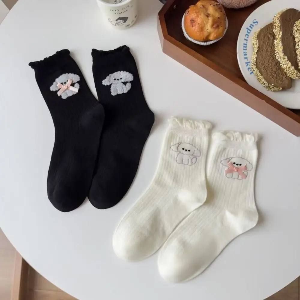 

4Pairs Casual Cartoon Dog Bowknot Ruffle Socks Anti-slip Hosiery Sweet Tube Socks Kawaii Ballet Style Mid-calf Socks Women Lady