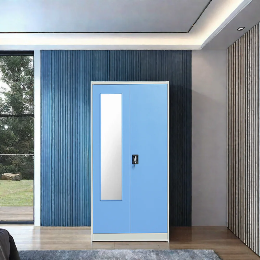 Tengle Customizable Blue Metal Steel Swing Door Wardrobe Adjustable Layer Almari Baju Mirror Modern Bedroom Furniture Hall