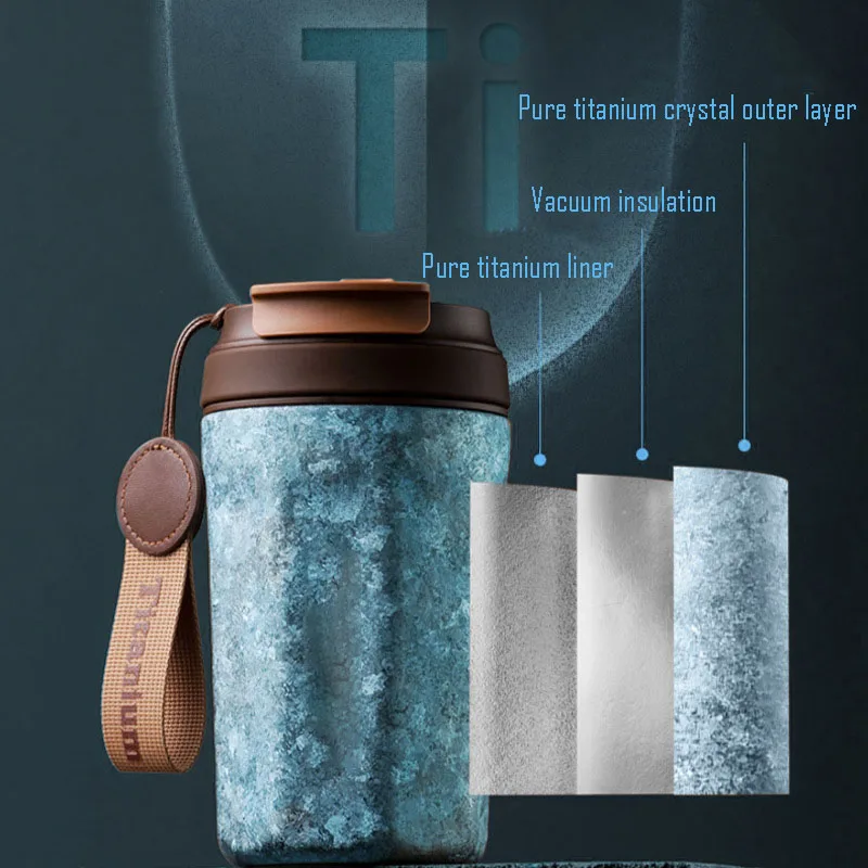 420ML Coffee Cup With Lifting Rope,Thermos Cup,Double Layer Pure Titanium Vacuum Flasks,Drinkware,Accompany Thermal Water Bottle