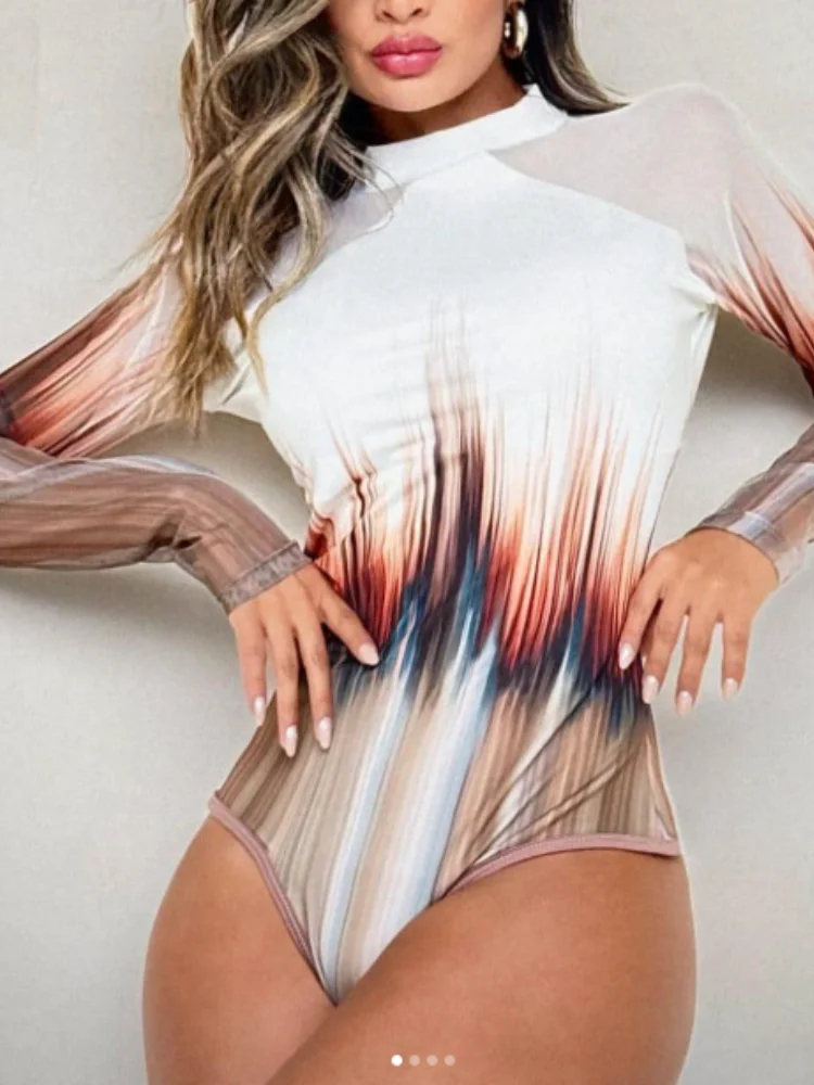 Halloween Fashion Sexy One-Piece Swimsuit Women's Long Sleeve Digital Printing Swimwear Holiday Party Stage Cosplay Costumes