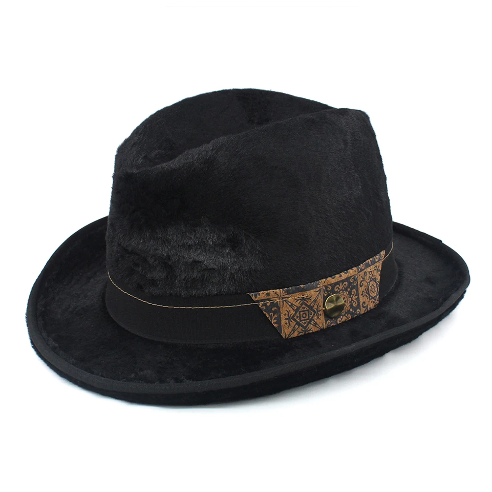 Men Women Classical Retro Black Faux Fur Homburg Hats Fedora Caps Trilby Sunhat Travel Party Adjustable UK M-L US 7 1/8-7 3/8