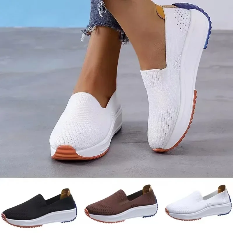 Spring Women Sneakers Mesh Flats Thick Sole Wedge Slip-on Female Shoes Lady Breathable Cozy Concise Casual Sports Walking Shoes