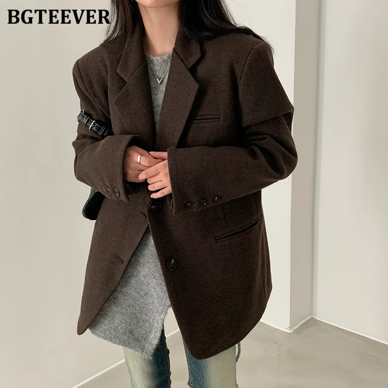 

BGTEEVER Autumn Winter Thicken Warm Loose Women Single-breasted Blend Coats Vintage Long Sleeve Pockets Ladies Blend Jackets