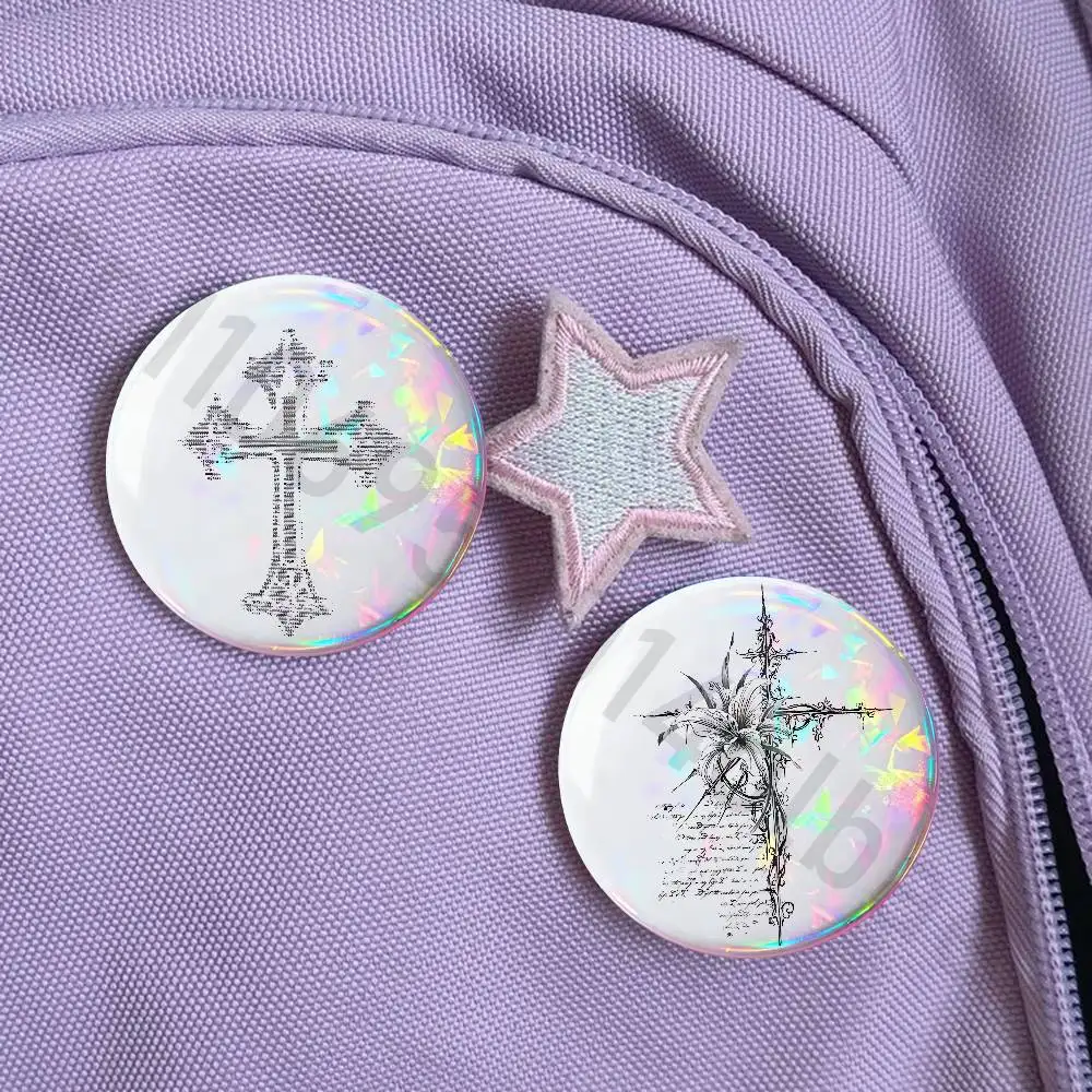 Cyber Sigil Cross Goth Tinplate Enamel Pins Creativity Printed Pictures Text Metal Lapel Badges Brooches