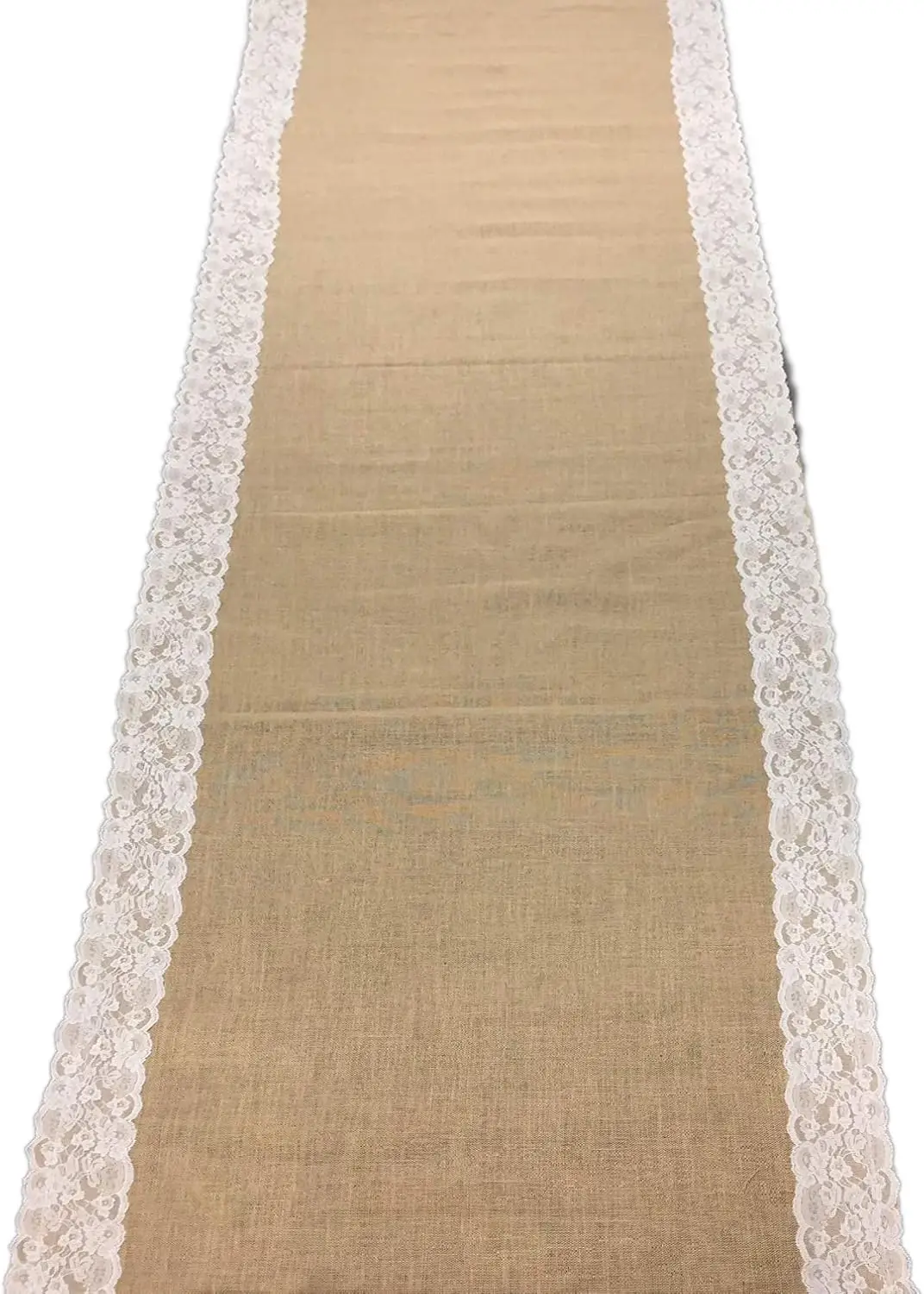 Aayu Brand Premium 15 Feet Long 40 Inch Wide Burlap Wedding Aisle Runner With Wide Ivory White Lace Attached Edges, Walkway