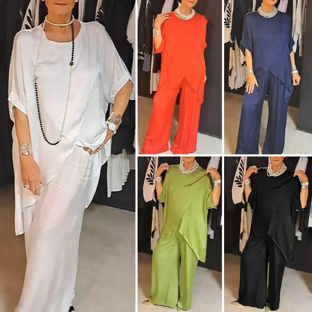 

Women Loose Fit Suit Lady O Neck T-shirt Stylish Women's 2-piece Set Half Sleeve O Neck Top with Irregular Hem Wide for Ladies