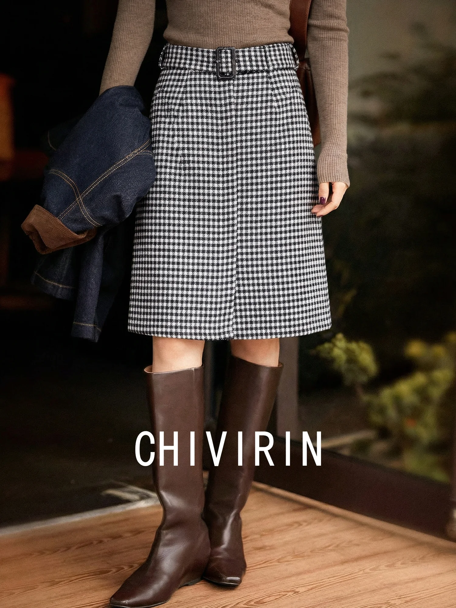 

Chivirin Premium Woolen Plaid f Skirt Women's Spring 2026 Faion New Sle Belted Midi Straight Cut Skirt High Waist