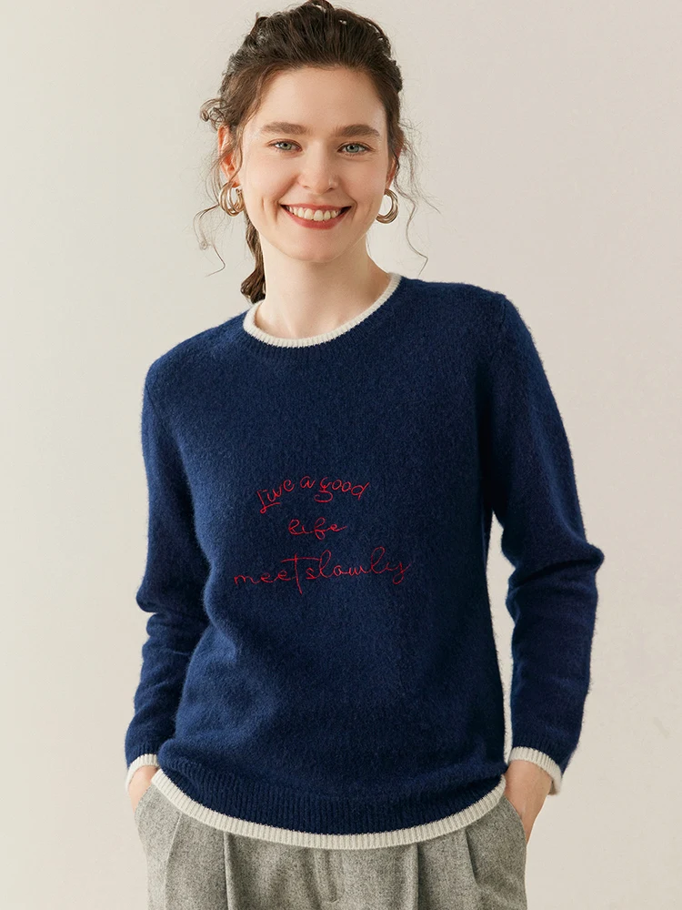 TLOML 여성용 100% 캐시미어 스웨터 오넥 긴 소매 풀오버 컬러 블록 자수 캐시미어 니트웨어 가을 겨울 시크 탑