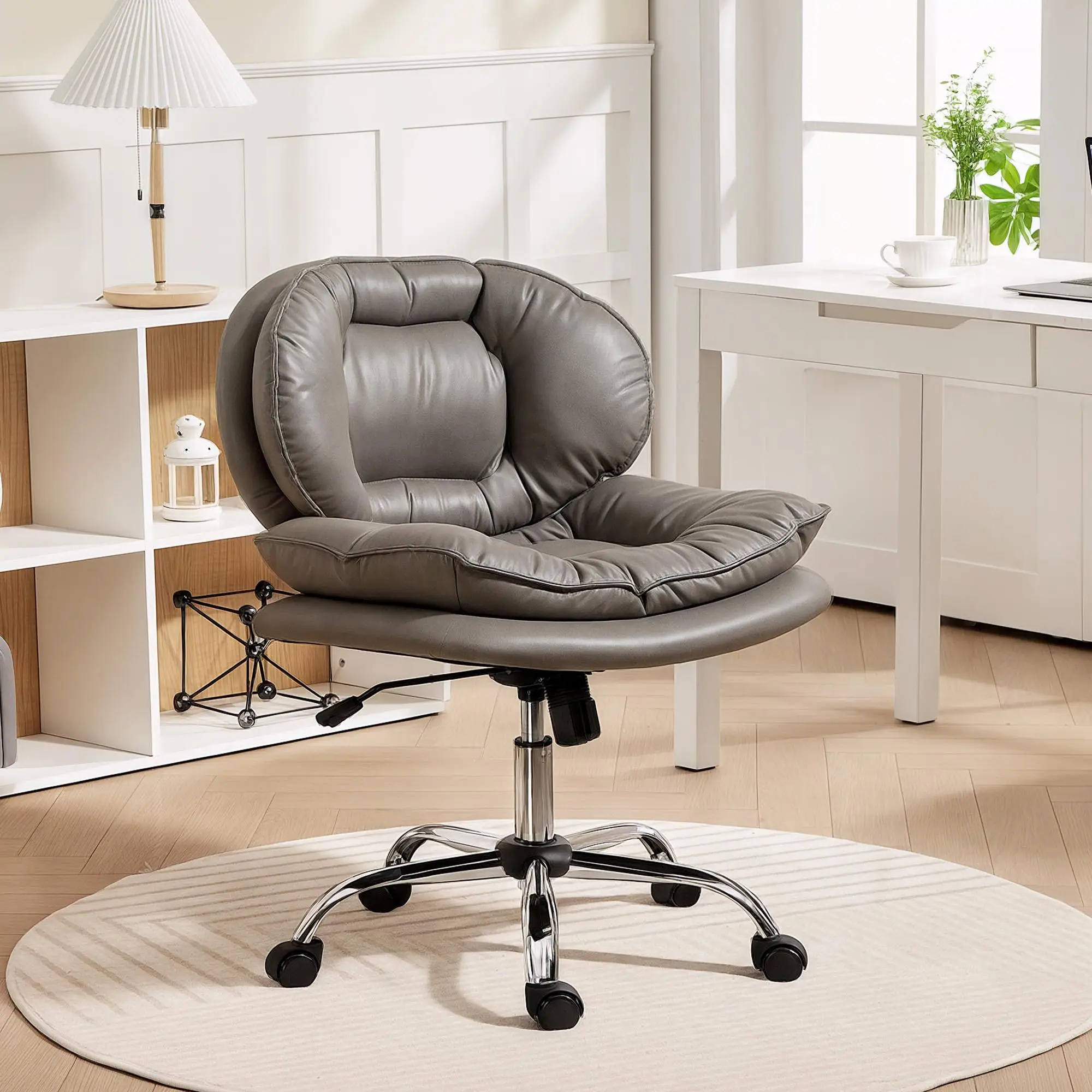Chaise de bureau sans accoudoirs, coussin de siège de 62 cm de large, double rembourrage, base réglable en hauteur, fonction pliable, roulettes en PU gris