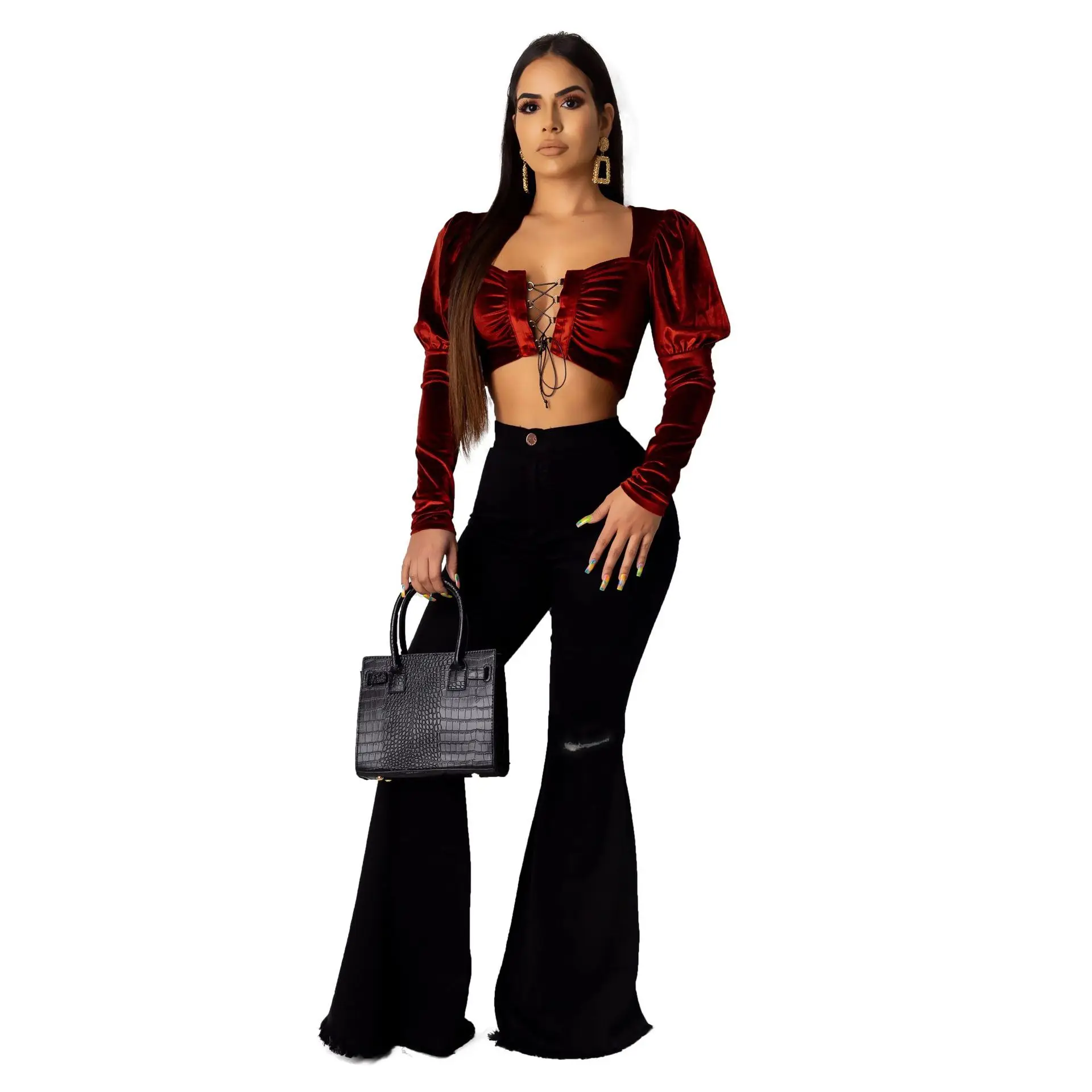 

Fashion Versatile Wide Leg Knee Ripped Denim Pants Trousers wide leg pants women