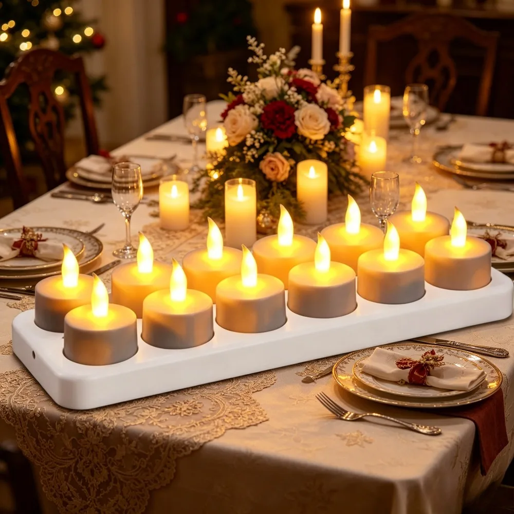6/12Pack Rechargeable LED Tealight Candles with Charging Base Flickering Flameless Tea Lights for Wedding Party Home Decor