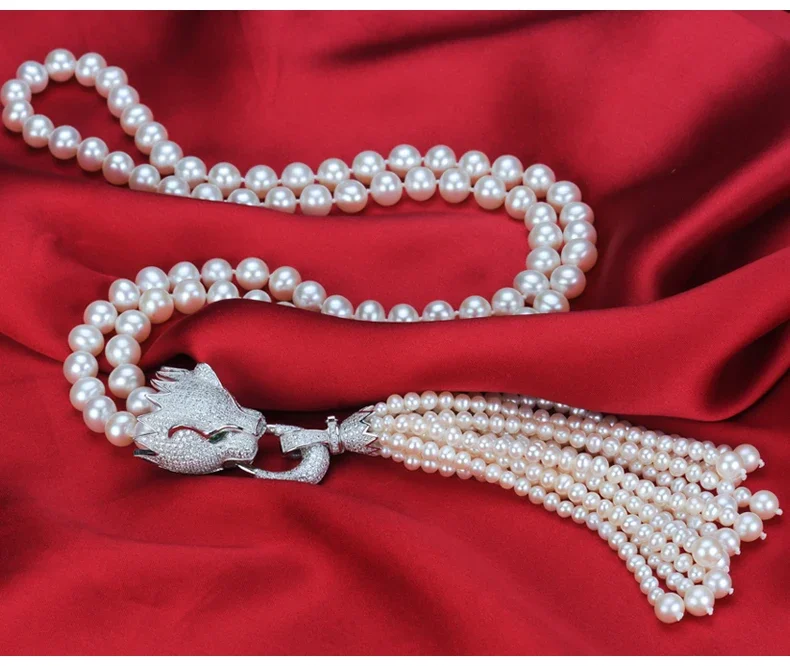 

AAA white 8-9mm natural freshwater pearl jewelry sweater chain necklace Leopard head inlay zircon 5-6mm tassel sweater chain