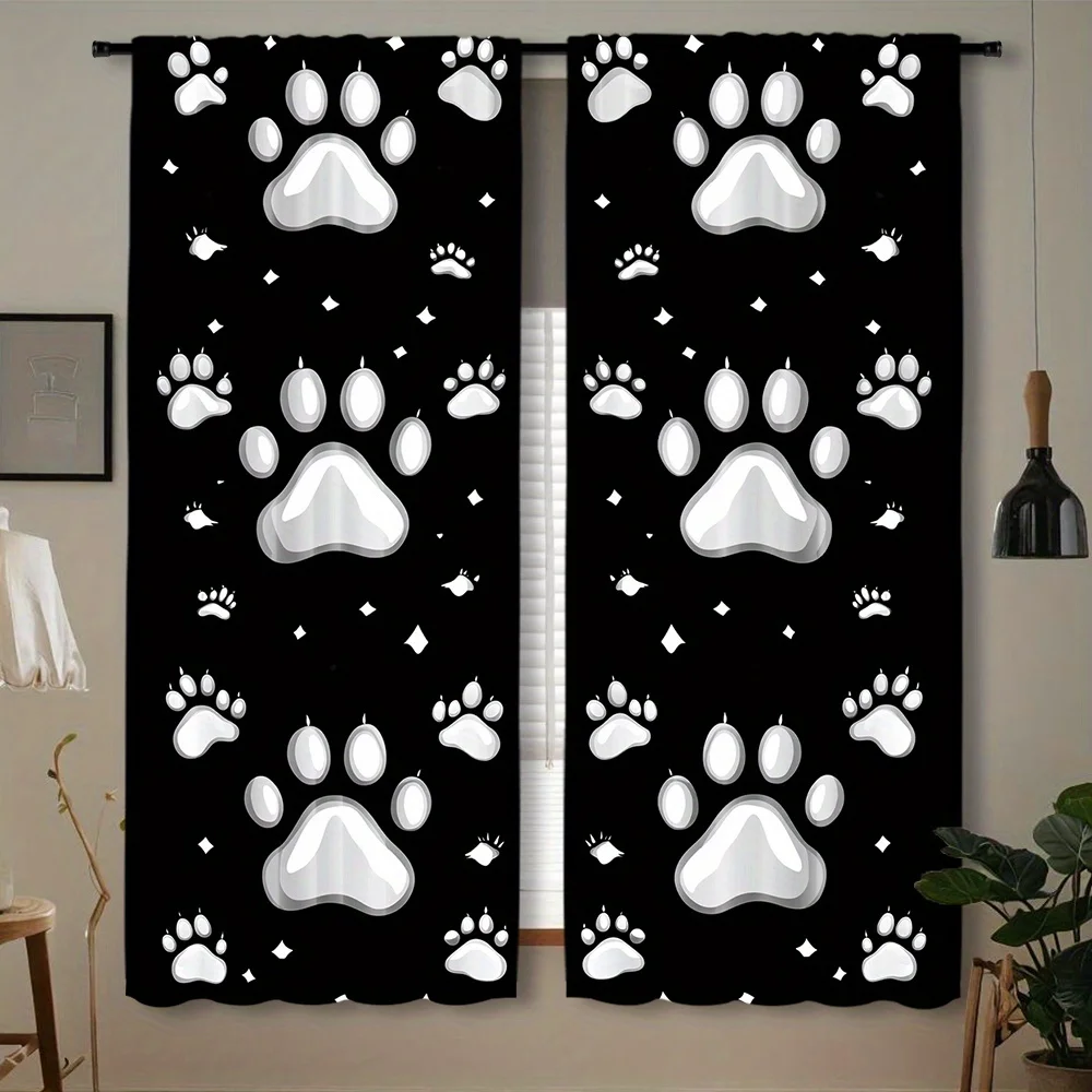 Cute Paw Print Curtain, Black White Pet Footprint Window Drape, Kawaii Animal Decor for Kids Room Nursery, Blackout Fabric
