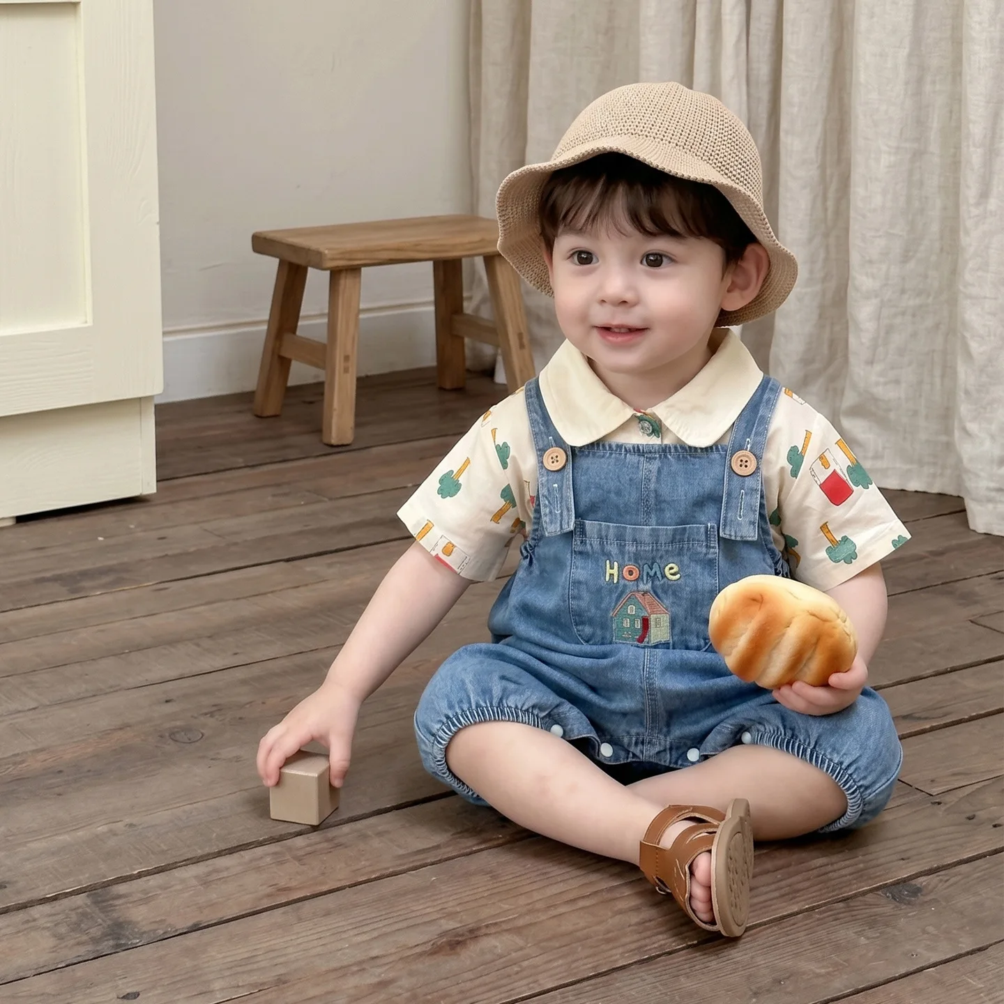 Boys Summer Short-sleeved Set 2026 New Summer Children's Casual Cartoon Denim Overalls Two-piece Set