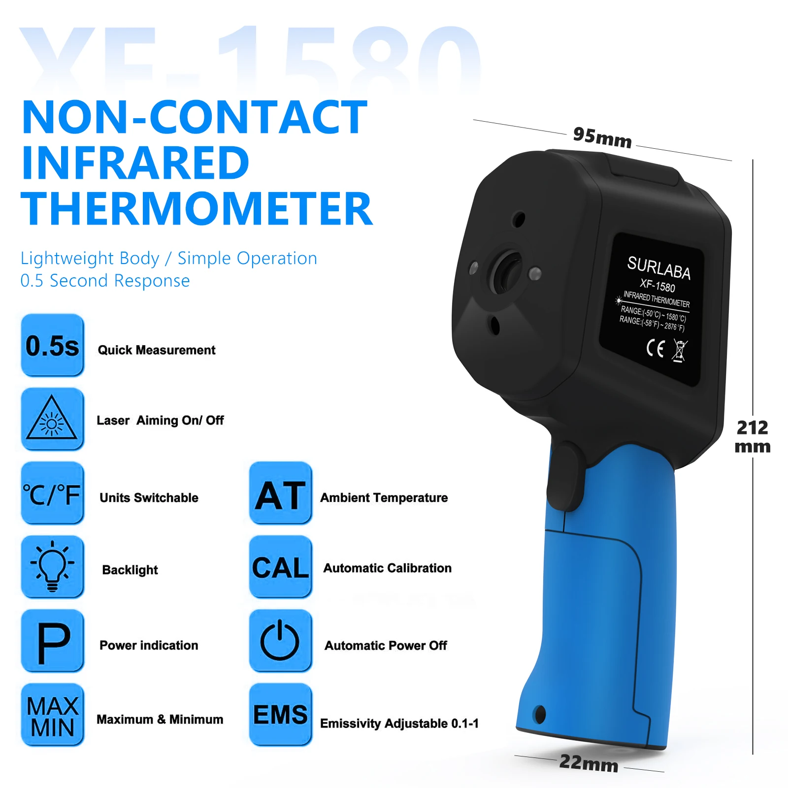

HoldPeak HP-1580 Industrial Laser Thermometer 50:1 Infrared with Adjustable Emissivity -122 to 300 for HVAC and Ovens