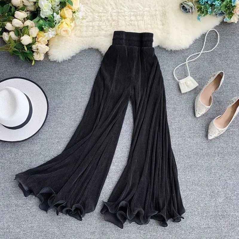 Fishtail  Trousers Women Baggy Pants New Wide Leg Ruffled Flare  Elastic Waist Pleated White Tulle  Thin Spring Wild