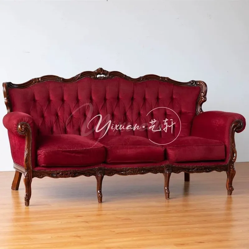 Solid Wood Three Seater Sofa with Carved Details and Velvet Upholstery Light Luxury Fabric Buckle Design Living Room