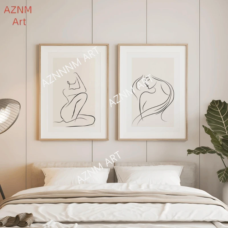 1/2 Stück Damen-Strichzeichnungsdruck, moderne One-Line-Wandkunst, weiblicher Druck, Galerie-Wand-Set mit 2, Wandkunst