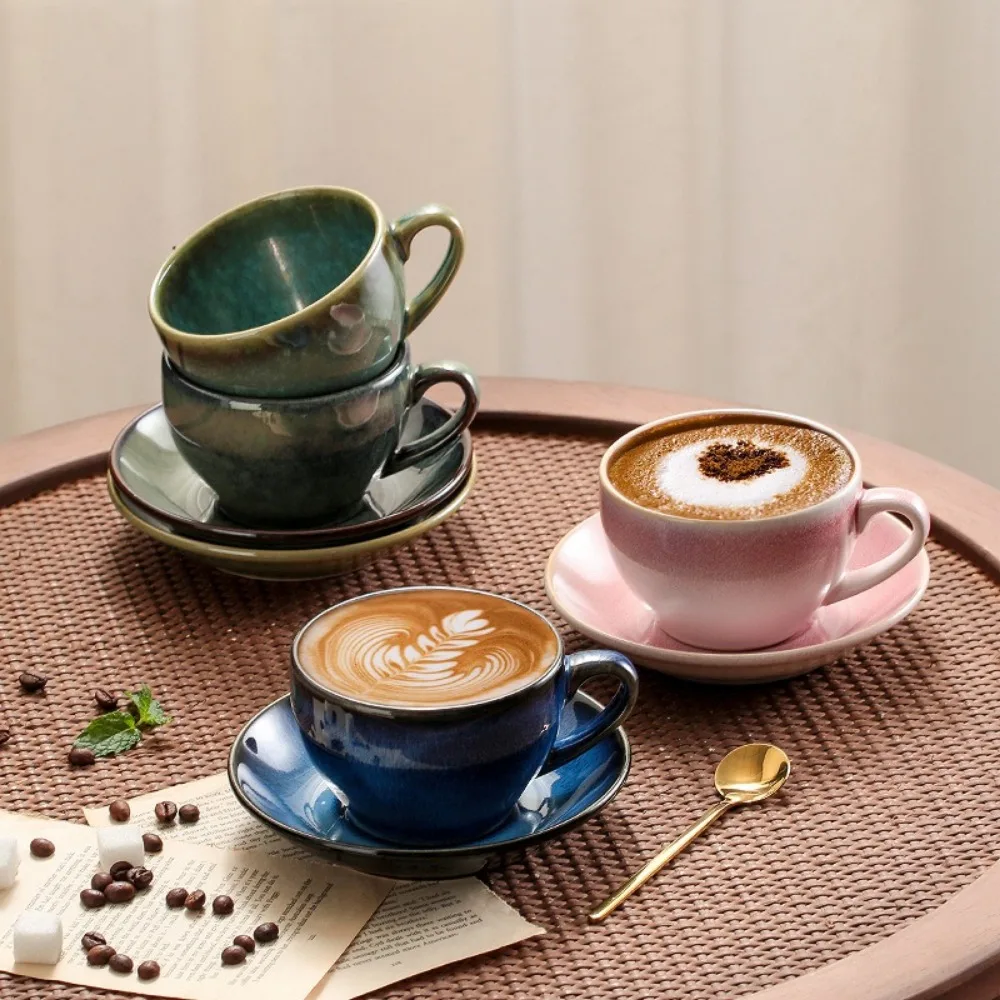 Ceramic Retro Kiln-turned Coffee Cup Cappuccino Latte Fancy Embossed Art Latte Art Cup  Tea Cup and Saucer Set 300ml Cafe home