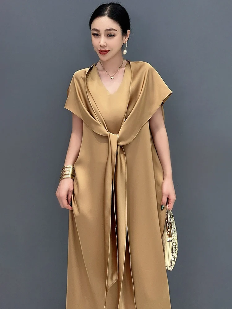 SHENGPALAE 2024 Summer New Silk Dress For Women Lace Up Collar Fake Two Piece Elegant Fashion Large Swing Long Dresses 5C1263