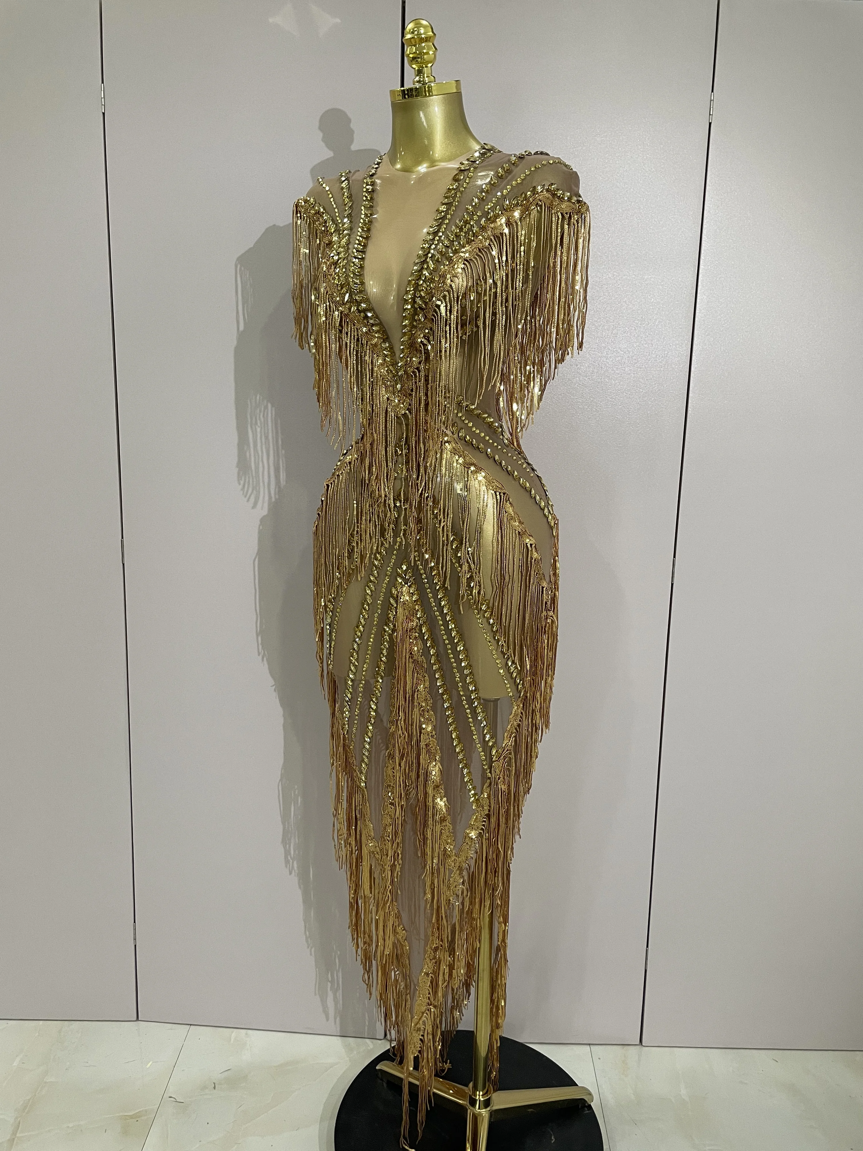 gold mesh dress festival Luxury Sparkly Diamonds Tassels Sexy Sheer Long Women Evening Birthday Party Dress Nightclub Stage Costume Crochet dress