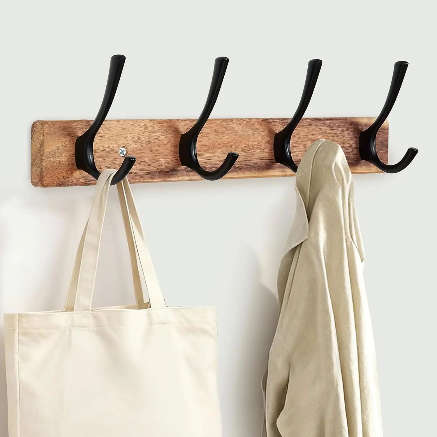 Wall Mount Coat Rack, Acacia Wood 4-Hook Hanger for Coats, Bags, Towels, Heavy Duty 45 lbs
