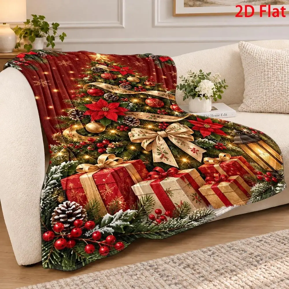 1pc 2D Flat DIY Coloring Throw Blanket, Christmas Tree Angel Plum Blossom Line Art, Vintage Floral Gold Ribbon Bow Decor Blanket