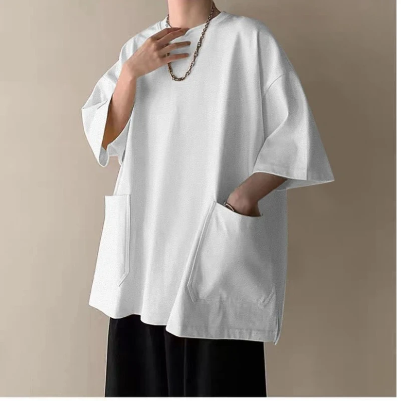 Men's Pocket Patchwork O-Neck Solid Short Sleeve T-Shirts Loose Fashion Summer New Plus Size Basic Tops Trend Casual Men Clothes