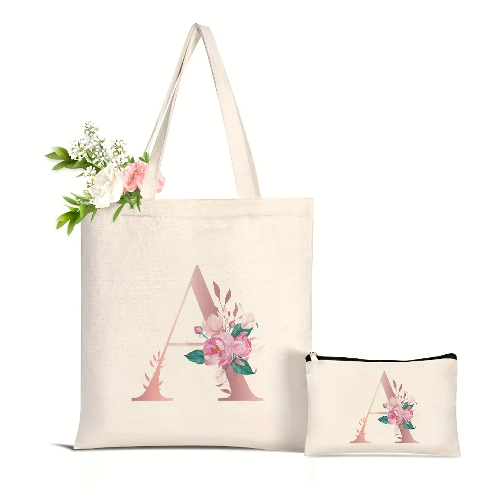 1pc Floral Love Letter Print Tote Bag Large Capacity Women Shopping Bag Stylish A-Z Design Yoga Beach Bag Eco Friendly bags Gift