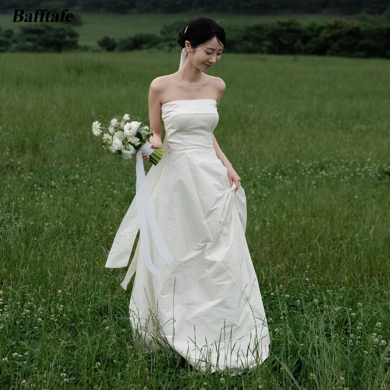 

Bafftafe Ivory A Line Taffeta Korea Bride Dresses For Wedding Party Gowns Simple Strapless Formal Prom Dress Long Bridal Gowns