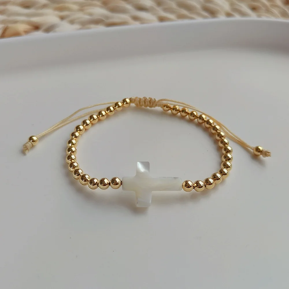 Women's Adjustable Gold Color Shell Charm Beaded Bracelet