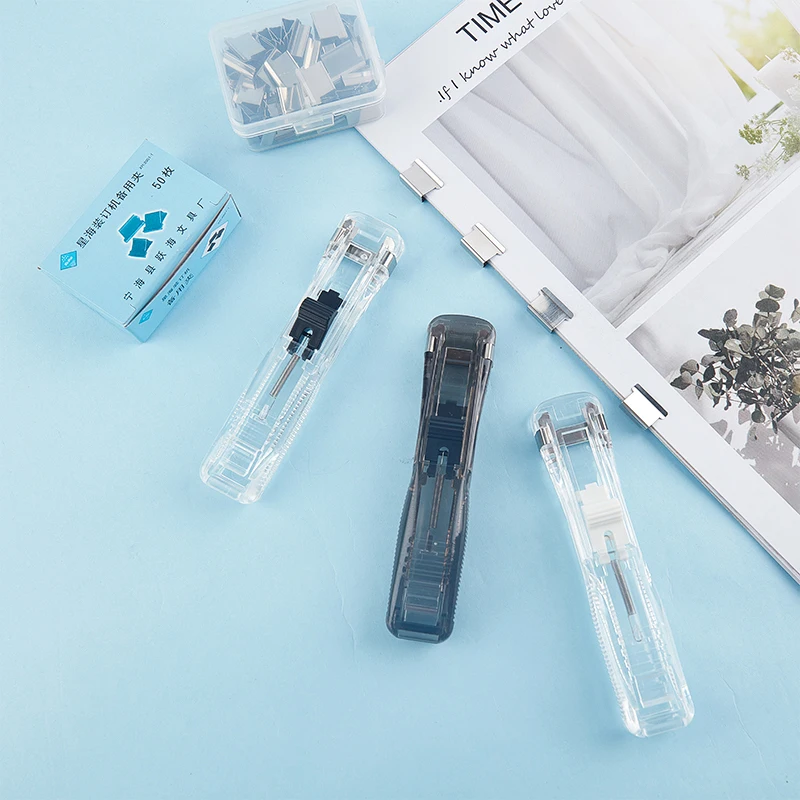 1pc Stapler Creative Pusher Stapler New Hand Paper Clipper With Refills Metal Stapler Paper Clips For Document Binding Stationer