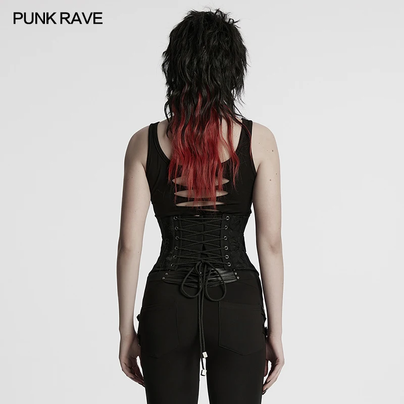 PUNK RAVE 여성용 펑크 인터레이스 디자인 코르셋 맞춤형 금속 버클 및 스터드 장식 Cummerbunds 액세서리